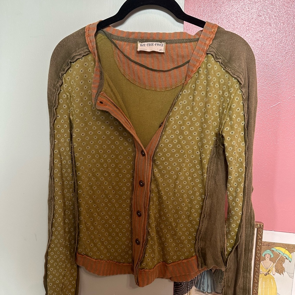 We The Free Striped Olive and Orange Top